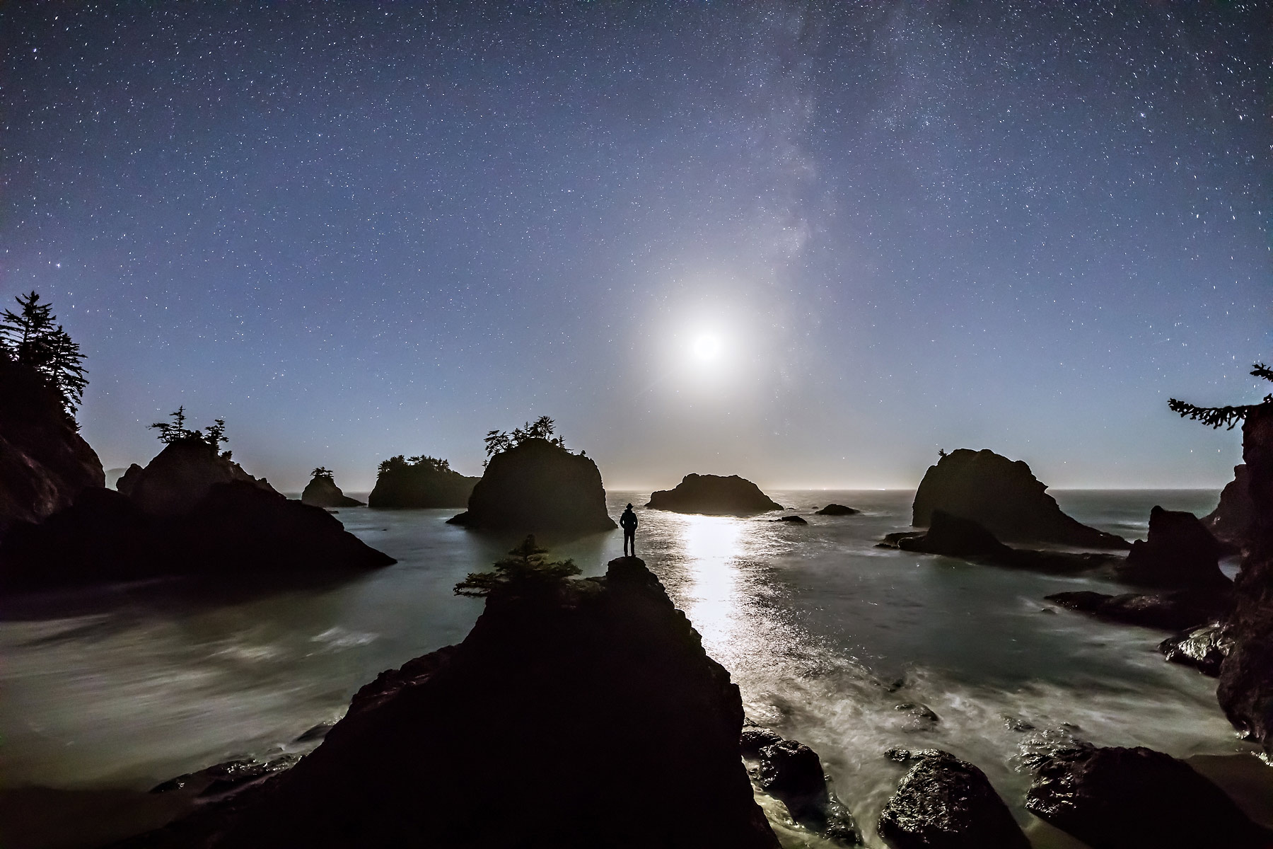 Moon Man under the Milky Way on the Oregon coast.