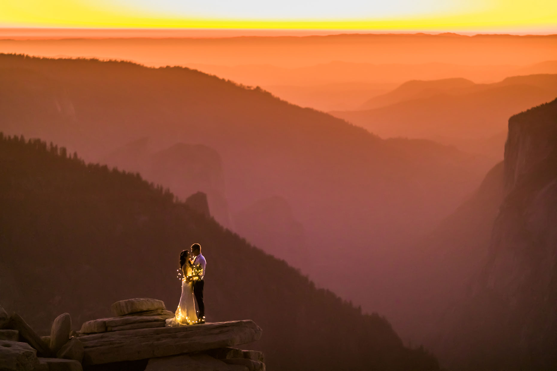 Half Dome fairy lights wedding pictures at sunset.