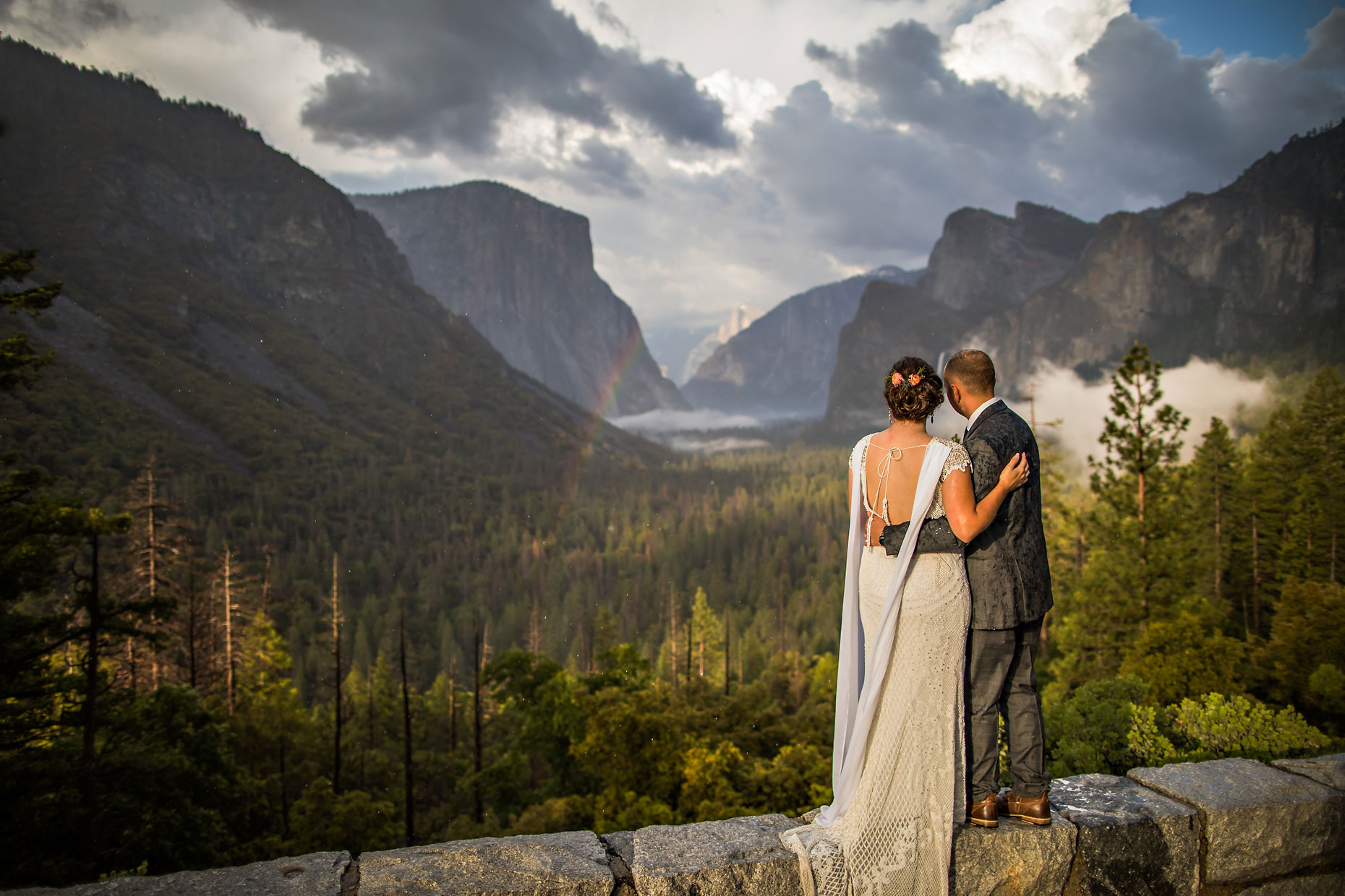 Wedding portrait at Tunnel View with rainbow.