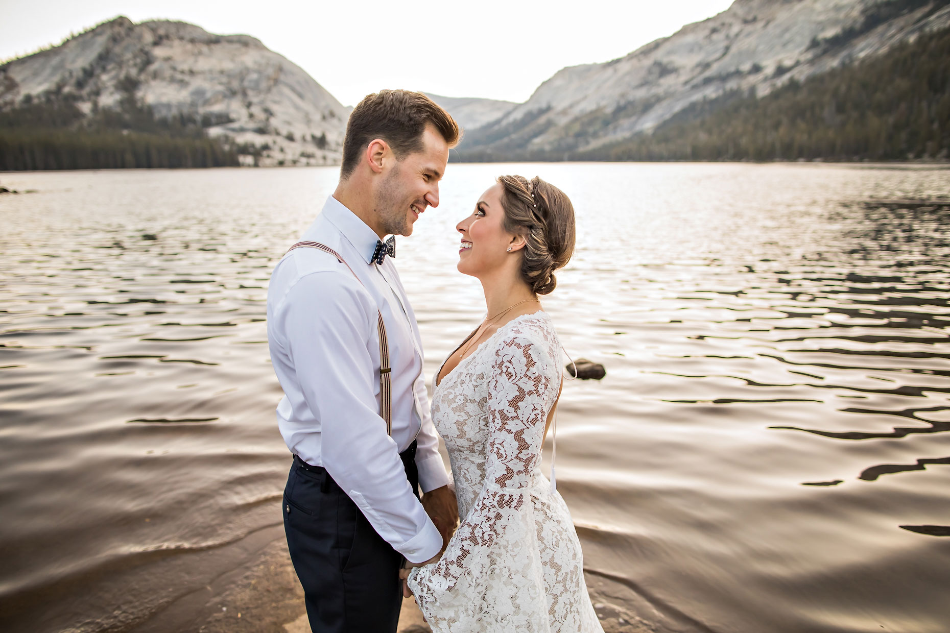 Tenaya Lake sunrise elopement in Tuolumne Yosemite.